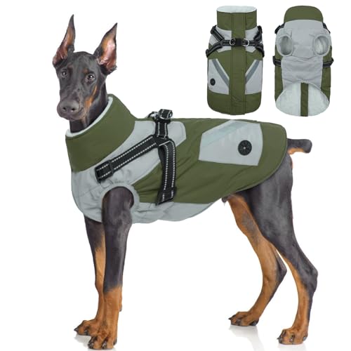 Hjyokuso Wasserdichter Hundemantel, Hundejacke mit Geschirr, Hundejacken für kleine Mittel Große Hunde, Winddichte Haustierkleidung Outfit mit Reflektierender Streifen und Reißverschluss - L von Hjyokuso