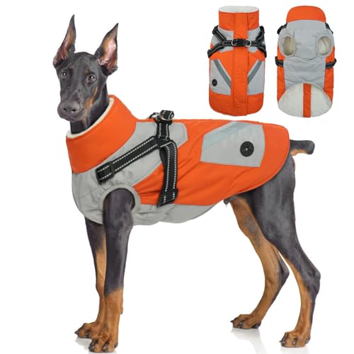 Hjyokuso Wasserdichter Hundemantel, Hundejacke mit Geschirr, Hundejacken für kleine Mittel Große Hunde, Winddichte Haustierkleidung Outfit mit Reflektierender Streifen und Reißverschluss - Orange L von Hjyokuso