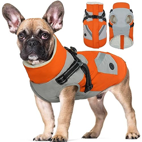 Hjyokuso Wasserdichter Hundemantel, Hundejacke mit Geschirr, Hundejacken für kleine Mittel Große Hunde, Winddichte Haustierkleidung Outfit mit Reflektierender Streifen und Reißverschluss - Orange M von Hjyokuso