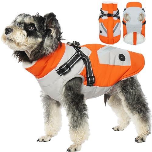 Hjyokuso Wasserdichter Hundemantel, Hundejacke mit Geschirr, Hundejacken für kleine Mittel Große Hunde, Winddichte Haustierkleidung Outfit mit Reflektierender Streifen und Reißverschluss - Orange S von Hjyokuso