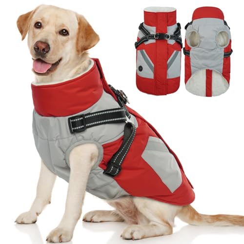 Hjyokuso Wasserdichter Hundemantel, Hundejacke mit Geschirr, Hundejacken für kleine Mittel Große Hunde, Winddichte Haustierkleidung Outfit mit Reflektierender Streifen und Reißverschluss - Rot 3XL von Hjyokuso