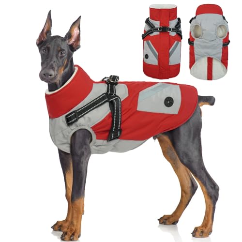 Hjyokuso Wasserdichter Hundemantel, Hundejacke mit Geschirr, Hundejacken für kleine Mittel Große Hunde, Winddichte Haustierkleidung Outfit mit Reflektierender Streifen und Reißverschluss - Rot L von Hjyokuso