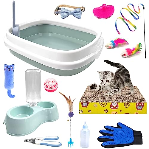 Kitten-Starter-Kit, 15-teiliges Katzen-Essentials-Set mit Katzenklo, Katzenspielzeug, Katzenhalsbänder, Kratzpad, Katzen-Nagelfeile, automatische Fressnäpfe, Pflegehandschuhe von Hlimior