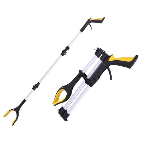 Zusammenklappbarer Greifer mit 360° Drehbarem Clip, Aluminium Müllzange, Drehbar Müllgreifer, Faltbare Greifer, 109cm Langer Greif-Werkzeug für die Müllabfuhr, Armverlängerung (Gelb) von HoGeGe