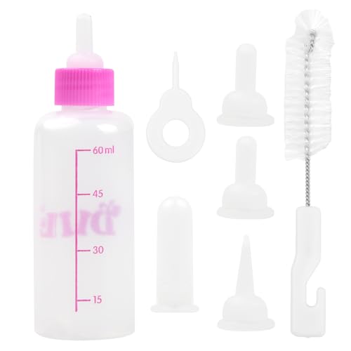 Aufzuchtflasche Welpen Hunde, Milchflasche Pet 60ml und 150ml, Silikon Kleine Babyflasche Set für Katze, Fütterungswerkzeug mit Ersatz Mini Nippel für Haustiere (Kleines Rosa) von HoaaiGo