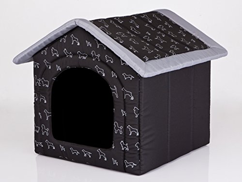 HobbyDog Hundehaus Hundehütte für mittelgroße Hunde - Katzenhaus, Katzenhöhle - mit herausnehmbarem Dach - Tierhaus für Katzen und Hunde für Drinnen/Indoor 60 x 55 x 60 cm [XL] Schwarz mit Hundemuster von Hobbydog