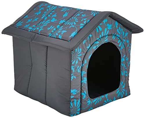 HobbyDog Hundehaus Hundehütte für mittelgroße Hunde - Katzenhaus, Katzenhöhle - mit herausnehmbarem Dach - Tierhaus für Katzen und Hunde für Drinnen/Indoor 60 x 55 x 60 cm [XL] in Blau Blumen von Hobbydog