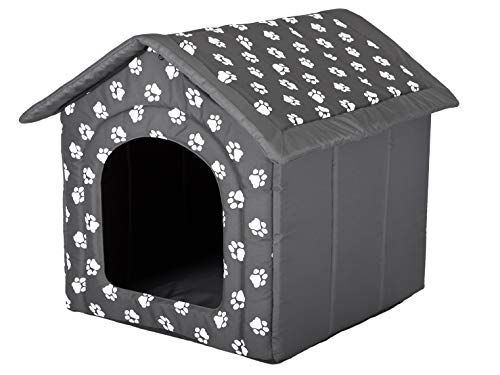 HobbyDog Hundehaus Hundehütte für mittelgroße Hunde - Katzenhaus, Katzenhöhle - mit herausnehmbarem Dach - Tierhaus für Katzen und Hunde für Drinnen/Indoor 60 x 55 x 60 cm Graphit mit weißen Pfoten von Hobbydog