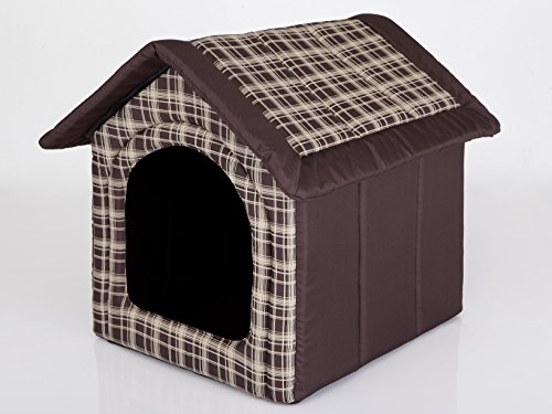 HobbyDog Hundehaus Hundehütte für mittelgroße Hunde - Katzenhaus, Katzenhöhle - mit herausnehmbarem Dach - Tierhaus für Katzen und Hunde für Drinnen/Indoor 38 x 32 x 38 cm [S] Braun Kariert von Hobbydog