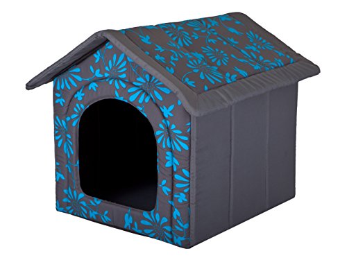 HobbyDog Hundehaus Hundehütte für mittelgroße Hunde - Katzenhaus, Katzenhöhle - mit herausnehmbarem Dach - Tierhaus für Katzen und Hunde für Drinnen/Indoor 52 x 46 x 53 cm [L] in Blau Blumen von DOGGY