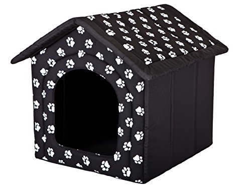 HobbyDog Hundehaus Hundehütte für mittelgroße Hunde - Katzenhaus, Katzenhöhle - mit herausnehmbarem Dach - Tierhaus für Katzen und Hunde für Drinnen/Indoor 76 x 72 x 74 cm [XXXL] Schwarz mit Pfoten von DOGGY