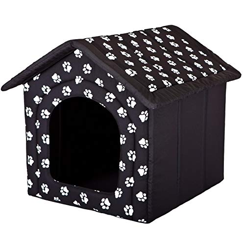 HobbyDog Hundehaus Hundehütte für mittelgroße Hunde - Katzenhaus, Katzenhöhle - mit herausnehmbarem Dach - Tierhaus für Katzen und Hunde für Drinnen/Indoor 60 x 55 x 60 cm [XL] Schwarz mit Pfoten von Hobbydog