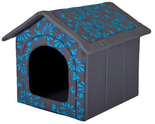 HobbyDog Hundehaus Hundehütte für mittelgroße Hunde - Katzenhaus, Katzenhöhle - mit herausnehmbarem Dach - Tierhaus für Katzen und Hunde für Drinnen/Indoor 44 x 38 x 45 cm [M] in Blau Blumen von Hobbydog