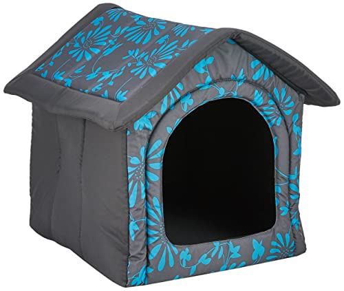 HobbyDog Hundehaus Hundehütte für mittelgroße Hunde - Katzenhaus, Katzenhöhle - mit herausnehmbarem Dach - Tierhaus für Katzen und Hunde für Drinnen/Indoor 52 x 46 x 53 cm [L] in Blau Blumen von DOGGY