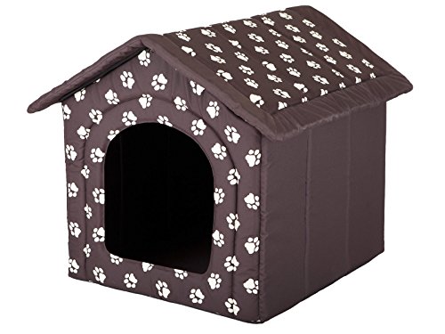 HobbyDog Hundehaus Hundehütte für mittelgroße Hunde - Katzenhaus, Katzenhöhle - mit herausnehmbarem Dach - Tierhaus für Katzen und Hunde für Drinnen/Indoor 70 x 60 x 63 cm [XXL] Braun mit Pfoten von Hobbydog