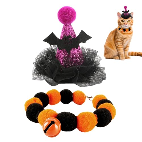 Hobngmuc Halloween Katzenkostüm, Halloween Hut Für Katze, Lustiger Katzenhut Und Elastisches Katzenhalsband, Kätzchen Halloween Cosplay Kostüme Accessoire Für Katzen, Verkleiden Sie Ihre Katze von Hobngmuc