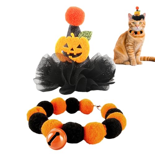 Hobngmuc Halloween Katzenkostüm, Halloween Hut Für Katze, Lustiger Katzenhut Und Elastisches Katzenhalsband, Kätzchen Halloween Cosplay Kostüme Accessoire Für Katzen, Verkleiden Sie Ihre Katze von Hobngmuc