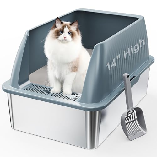 Hobya 35,6 cm Edelstahl Katzentoilette XL Metall Katzentoilette für große Katze, extra große Kitty Katzentoilette mit hohen Seiten für hochpinkelnde Katze, leicht zu reinigen, nicht klebrig, inklusive von Hobya