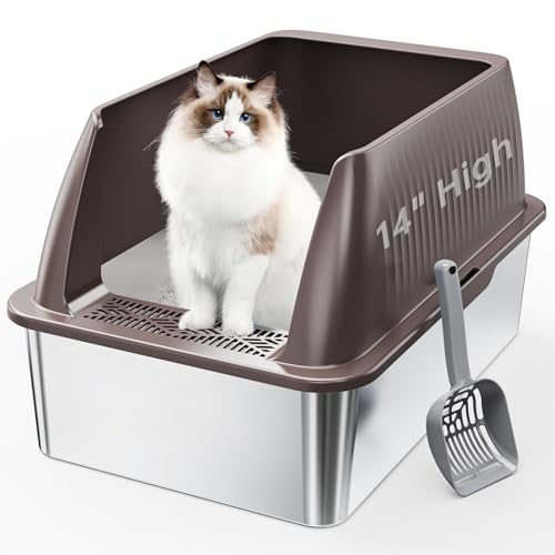 Hobya 35,6 cm XL Katzentoilette aus Edelstahl für Katzen, geschlossene Metalltoilette mit Deckel, extra große Kitty Katzentoilette mit hohen Seiten für hochpinkelnde Katze, leicht zu reinigen, nicht von Hobya