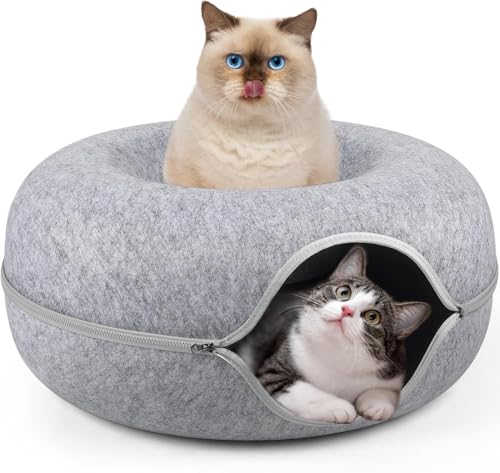 Hoclauho Katzentunnel aus Filz, rundes Katzenbett 60x60x28 cm, Katzenhöhle, Donut-Form, Katzendonut, Spielzeug und Kratzbaum in einem (Hellgrau, Large) von Hoclauho