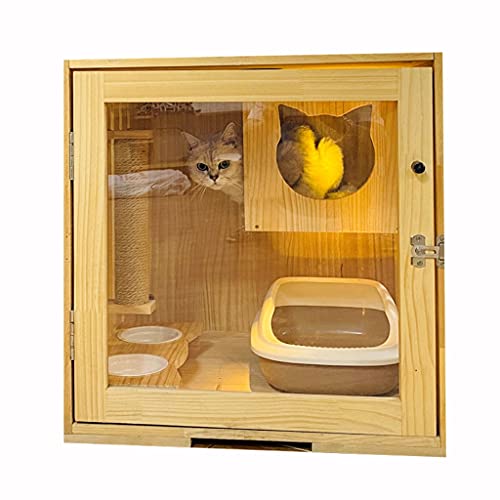 Katzenbetten Luxus-Katzenvilla Massivholz-Katzenkäfig Katzenstreu Katzenhaus Katzenschau Freier Zugang zur Katzenwohnung (Color : Wood color, Size : 60 * 60 * 60cm) von Höhlen & -häuser