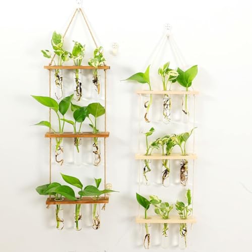 Wandbehang Pflanzgefäß Terrarium mit Holzständer, 3-stöckige Mini-Reagenzglas-Blumenvasen, Retro-Hängepflanzgefäß aus Glas, Anzuchtkasten für Hydrokulturpflanzen, 9 Reagenzgläser (Holzfarbe) von Hoemastot