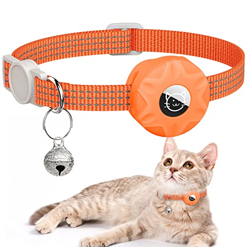 AirTag Katzenhalsband, Reflektierendes Kätzchenhalsband Breakaway Apple Air Tag Katzenhalsband, GPS Katzenhalsband mit AirTag-Halter und Glocke, Leichte Tracker Katzenhalsbänder für Mädchen Junge Katzen Welpen (Orange) von Hoeraonr