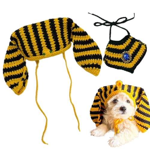 Hogvinnatil Hund Kostüm, Haustierkostüme - Lustige ägyptische Katzenkostümhut | Verstellbare Strickhundekleidung, schwarzes goldenes Streifenhut Bandana für Haustierparty -Outfits von Hogvinnatil