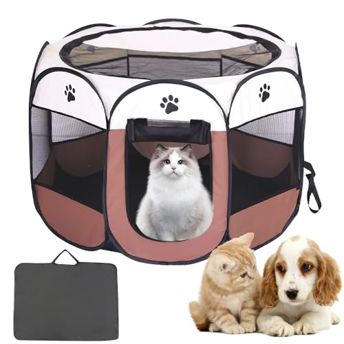 Hojalis Welpenlaufstall, Tierlaufstall Faltbar, Oxford Wasserdichter Pet Laufstall, Abnehmbares Dach, Hundelaufstall, Welpenlaufstall Hundehütte für Innen- und Außenbereich, 74x74x43cm(Braun) von Hojalis