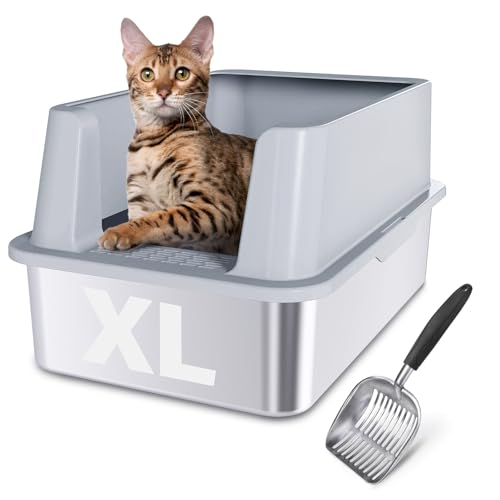 Holintan Katzentoilette aus Edelstahl mit Deckel, extra große Katzentoilette hohe Seiten, Anti-Urin-Leckage Metall-Klo XL für Big Kitty, mehrere Katzen, nimmt nie Gerüche auf, antihaftbeschichtet, von Holintan