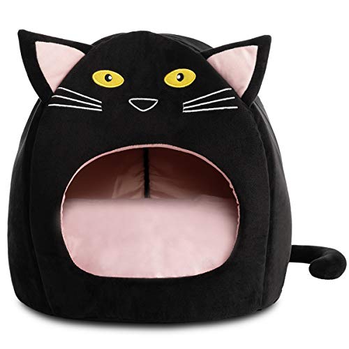 Hollypet Cozy Pet Bett für Katzen, warmes Höhlennest, Schlafbett, Kätzchenform, Welpenhaus für Katzen, 43,2 x 43,2 cm, Schwarz von Hollypet