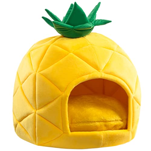 Hollypet Katzenbett Höhle für Indoor-Katzen, Faltbares Katzenhaus mit abnehmbarem Kissen, Katzenbett für Kätzchen, kleine Haustiere, Ananas Haustierzelt - Gelb von Hollypet