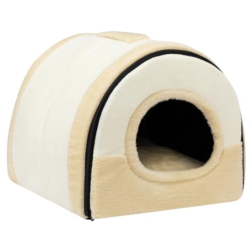 Hollypet Katzenbett Kleines Hundebett, 2-in-1 Faltbare Haustierbett für Katzen & Kleine Hunde, Warmes Höhlennest Katzenhöhle Kristallsamt Indoor Outdoor, Beige von Hollypet