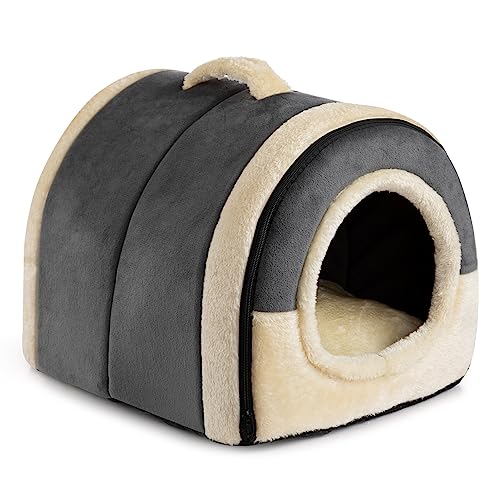 Hollypet Katzenbett Kleines Hundebett, 2-in-1 Faltbare Haustierbett für Katzen & Kleine Hunde, Warmes Höhlennest Katzenhöhle Kristallsamt Indoor Outdoor, Dunkelgrau von Hollypet