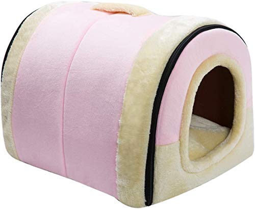 Hollypet Katzenbett Kleines Hundebett, 2-in-1 Faltbare Haustierbett für Katzen & Kleine Hunde, Warmes Höhlennest Katzenhöhle Kristallsamt Indoor Outdoor, Rosa von Hollypet