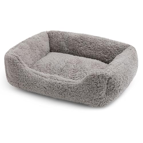 Hollypet Rechteckiges Haustierbett, Sherpa-Fleece, selbstwärmendes Haustierbett für kleine Hunde, Katzen, Schlafsack, Kissen, Grau von Hollypet