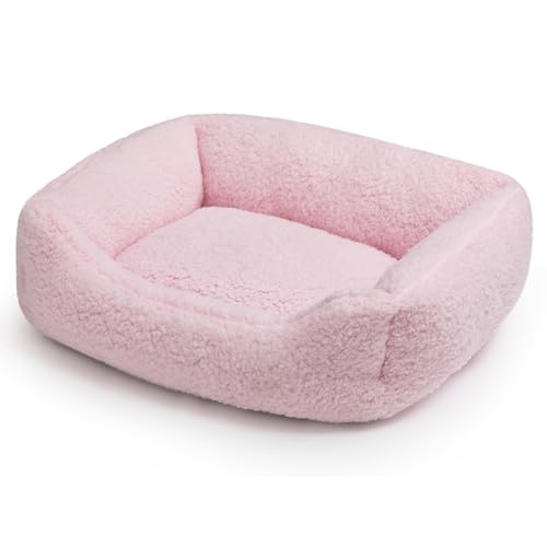 Hollypet Rechteckiges Haustierbett, Sherpa-Fleece, selbstwärmendes Haustierbett für kleine Hunde, Katzen, Schlafsack, Kissen, Rosa von Hollypet