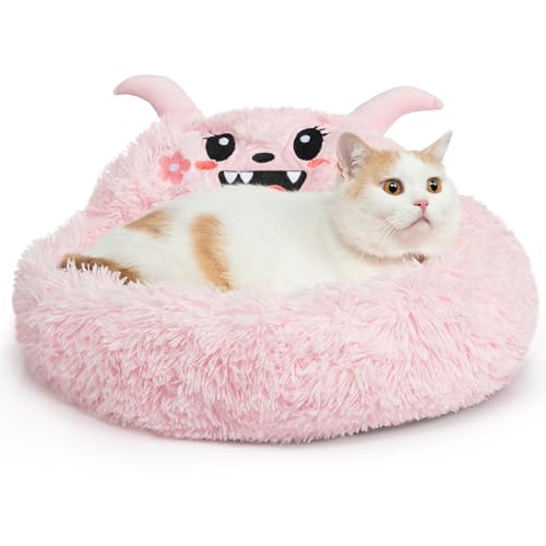 Hollypet Selbstwärmendes Donut-Haustierbett, luxuriös, gemütliches Nest, Monster-Schlafbett, rundes Kunstfellbett für Katzen, Rosa von Hollypet