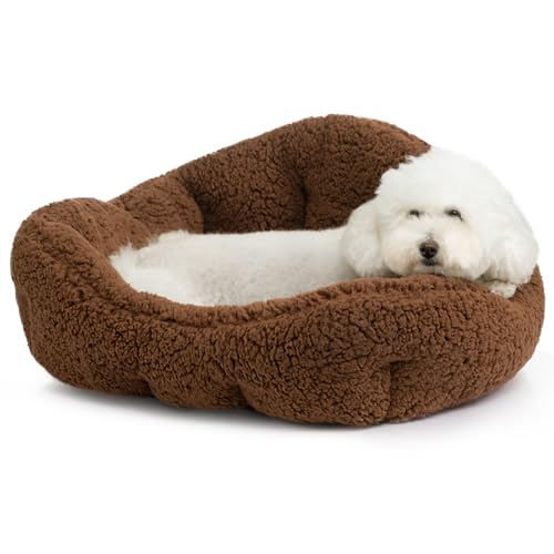 Hollypet Sherpa-Fleece-Hundebett, selbstwärmendes Haustierbett für kleine Hunde, Katzen, Schlafsack, Kissen, rechteckiges Haustierbett, Braun von Hollypet