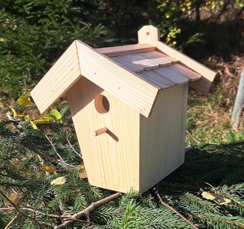 Nistkasten Nisthöhle für Vögel Vogelhaus Nistkasten zum Aufhängen Bruthöhle mit Lärchenholzdach mit Einflugloch 28mm Natur (N3) von Holzdeko-Ma