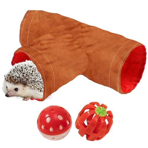 1 x Igelversteck Tunnel mit 2 Glockenball-Spielzeug, Igel-Tunnel mit Spielzeug für Igel, Kleintier-Tunnel, Röhren-Spielzeug für Ratten, Hamster, Meerschweinchen, Hasen, Igel-Zubehör (brauner Tunnel) von Homedy Crafts