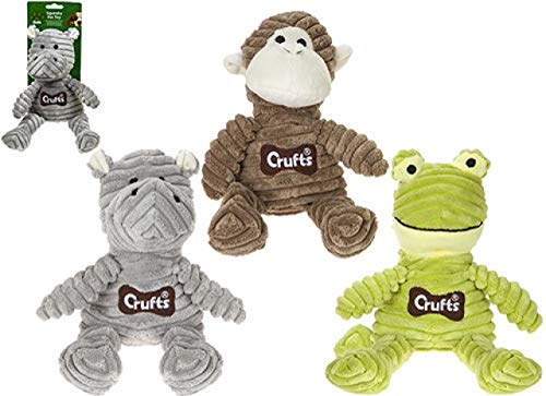 HomestreetUK Crufts Süßes und weiches CordSpielzeug von Crufts® aus Cord mit Quietschelement, Tierform, Kauspielzeug für Haustiere, 3 Tiere, Frosch, Nilpferd oder Affe, weich und quetschbar mit von HomestreetUK