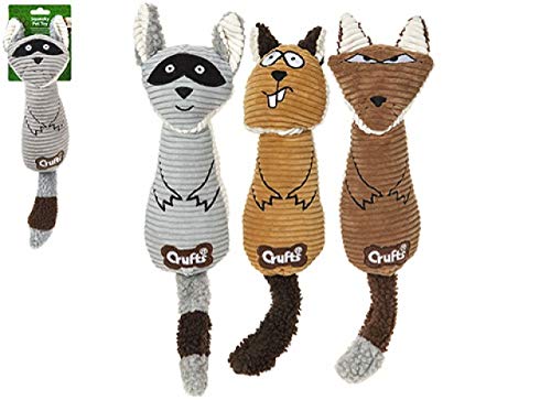 HomestreetUK Cute and Soft Crufts® Kauspielzeug aus Cord mit Quietschelement, für Haustiere, 3 Tiere, Waschbär, Fuchs oder Eichhörnchen, flauschig, weich und quetschbar, mit Quietscher (alle 3) von HomestreetUK