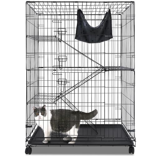 Homey PET INC Faltbare Drahtkiste für Katzen, Frettchen, zusammenklappbar, abschließbar, mit Rollen, Tablett und Hängematte, 91,4 cm, Schwarz von Homey Pet