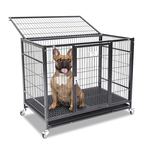 Homey Pet 91,4 cm Hundebox Stapelbar, Anschließbar Unzerstörbar Hundehütte Indoor Hundekäfig Mittelgroßer Hund, Metalldraht Hundebox mit abnehmbarem Tablett, 360° Feststellbare Räder von Homey Pet