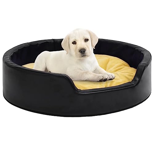 Homgoday Hundebett, Hundebett Schwarz und Gelb, 99 x 89 x 21 cm, Plüsch und Kunstleder, Hundebett für Hunde, Hundehütte, weiches Hundebett, Hundehütte für den Innenbereich von Homgoday