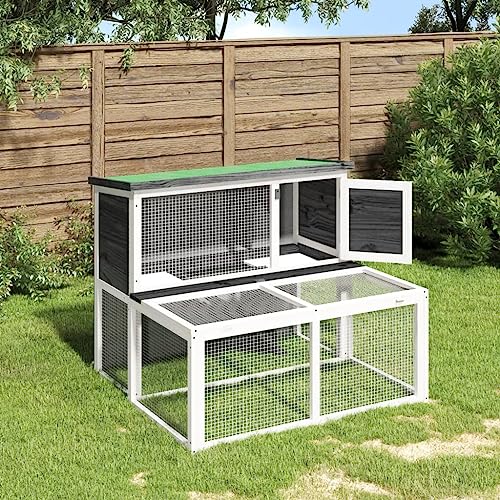 Homgoday Kaninchenstall Grau 102x90x84,5 cm Massivholz Kiefer Kaninchen Meerschweinchen Stall und Auslauf Holz Outdoor Kaninchenstall Kleintierhaus Haustierkäfig Haustierstall Transportbox von Homgoday