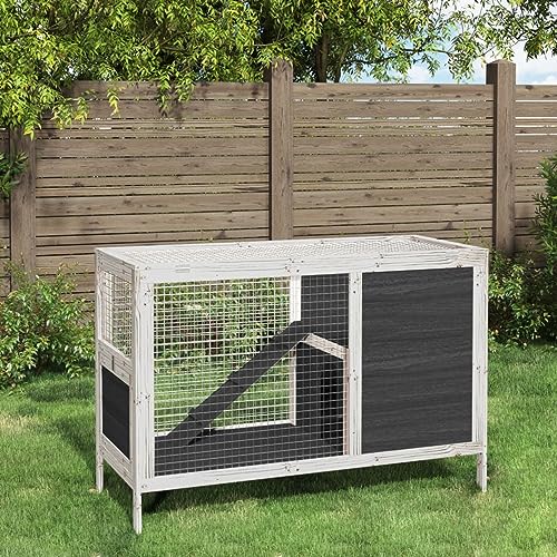 Homgoday Kaninchenstall Grau 103x44x69,5 cm Massivholz Kiefer Kaninchen Meerschweinchen Stall und Auslauf Holz Outdoor Kaninchenstall Kleintierhaus Haustierkäfig Haustierstall Transportbox von Homgoday