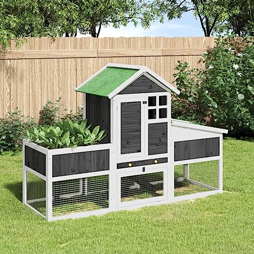 Homgoday Kaninchenstall Grau 170x63x113 cm Massivholz Kiefer Kaninchen Meerschweinchen Stall und Auslauf Holz Outdoor Kaninchenstall Kleintierhaus Haustierkäfig Haustierstall Transportbox von Homgoday