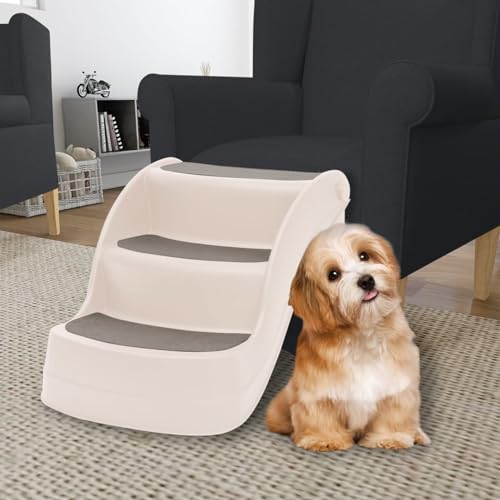 Homgoday Klappbare 3-stufige Hundetreppe Creme 50x38x38cm Kunststoff Haustiertreppe & Rampen Tiere & Haustierbedarf von Homgoday